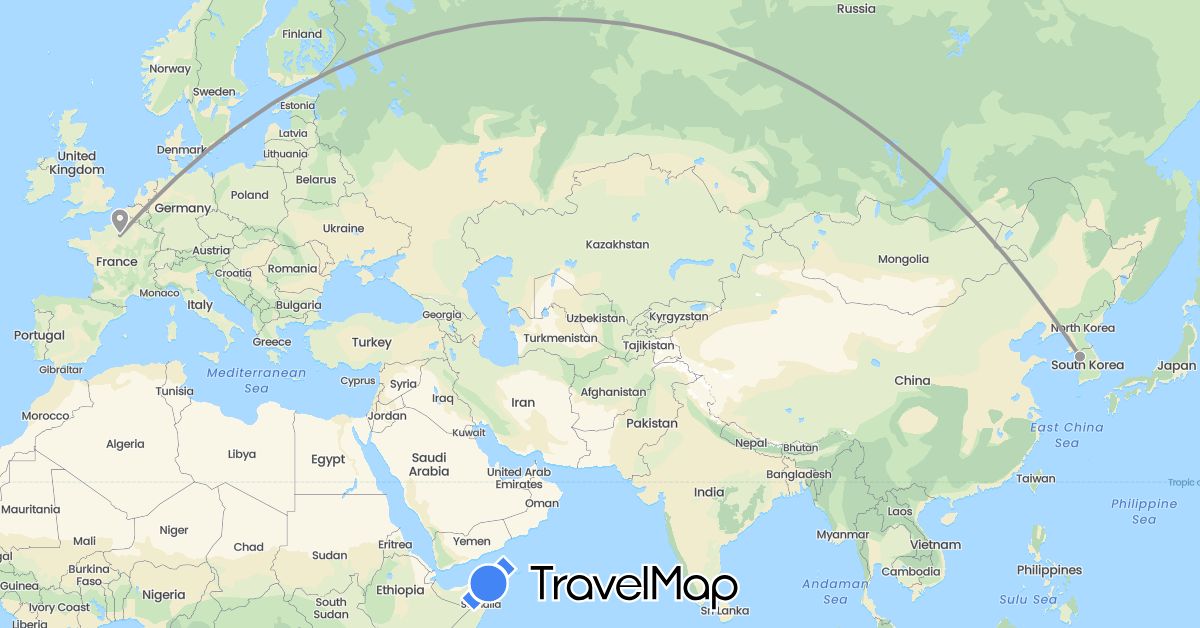 TravelMap itinerary: driving, plane in France, South Korea (Asia, Europe)